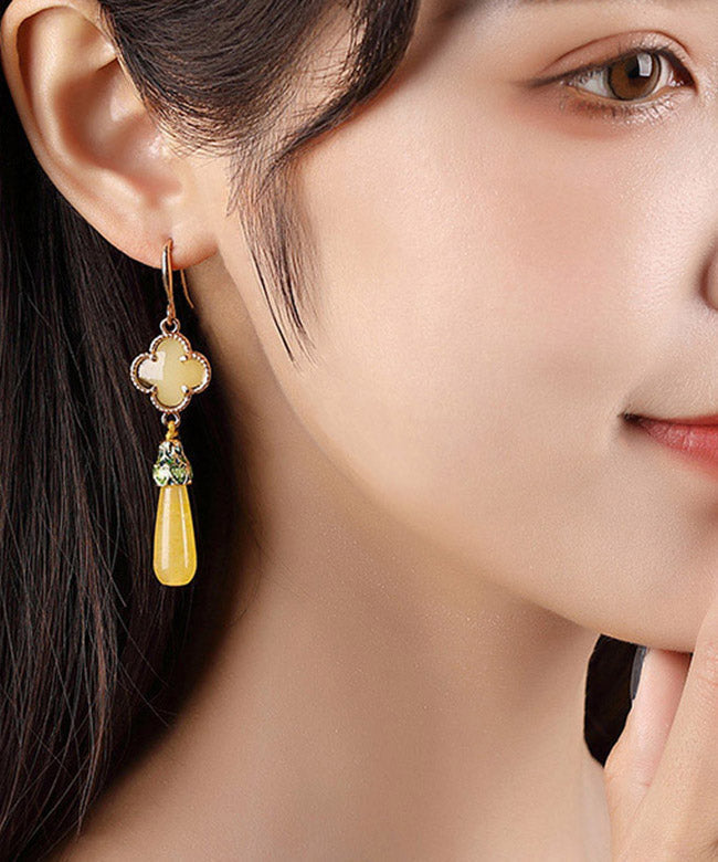 Diy Yellow Copper Jade Coloured Glaze Cloisonne Clover Drop Earrings