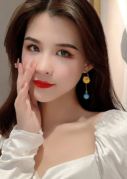 Diy Yellow Daisy Asymmetrical Design Metal Drop Earrings