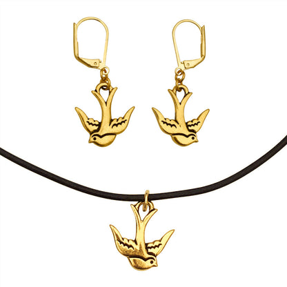 Dragonweave Swallow Bird Charm Necklace and Earring Set, Gold Plated Black Leather Choker and Leverback Earrings