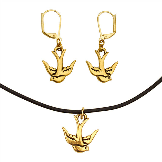 Dragonweave Swallow Bird Charm Necklace and Earring Set, Gold Plated Black Leather Choker and Leverback Earrings