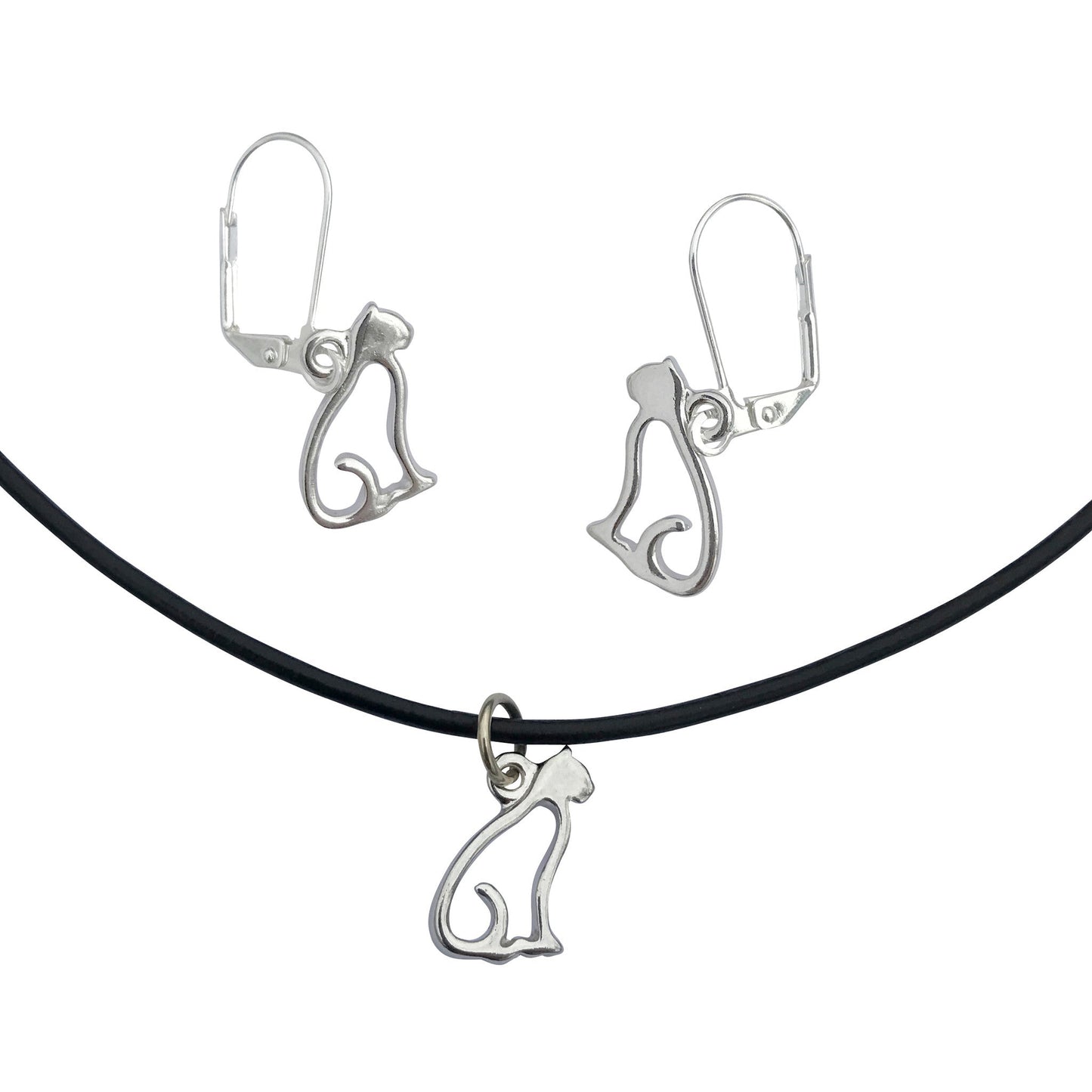 Dragonweave Cat Charm Necklace and Earring Set, Silver Black Leather Choker and Leverback Earrings
