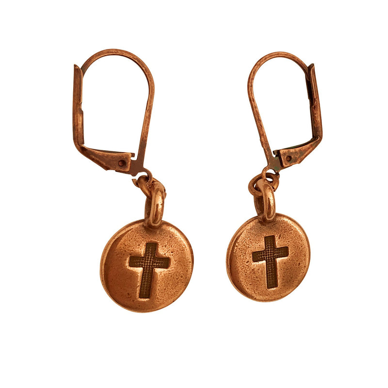 Dragonweave Cross Circle Charm Necklace and Earring Set, Antique Copper Brown Leather Choker and Leverback Earrings