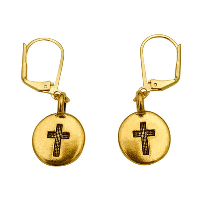 Dragonweave Cross Circle Charm Necklace and Earring Set, Gold Plated Black Leather Choker and Leverback Earrings