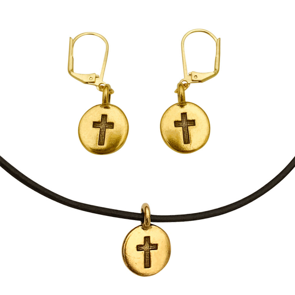 Dragonweave Cross Circle Charm Necklace and Earring Set, Gold Plated Black Leather Choker and Leverback Earrings