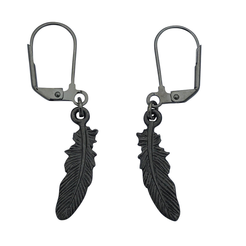 Dragonweave Raven Feather Charm Necklace and Earring Set, Gunmetal Black Leather Choker and Leverback Earrings