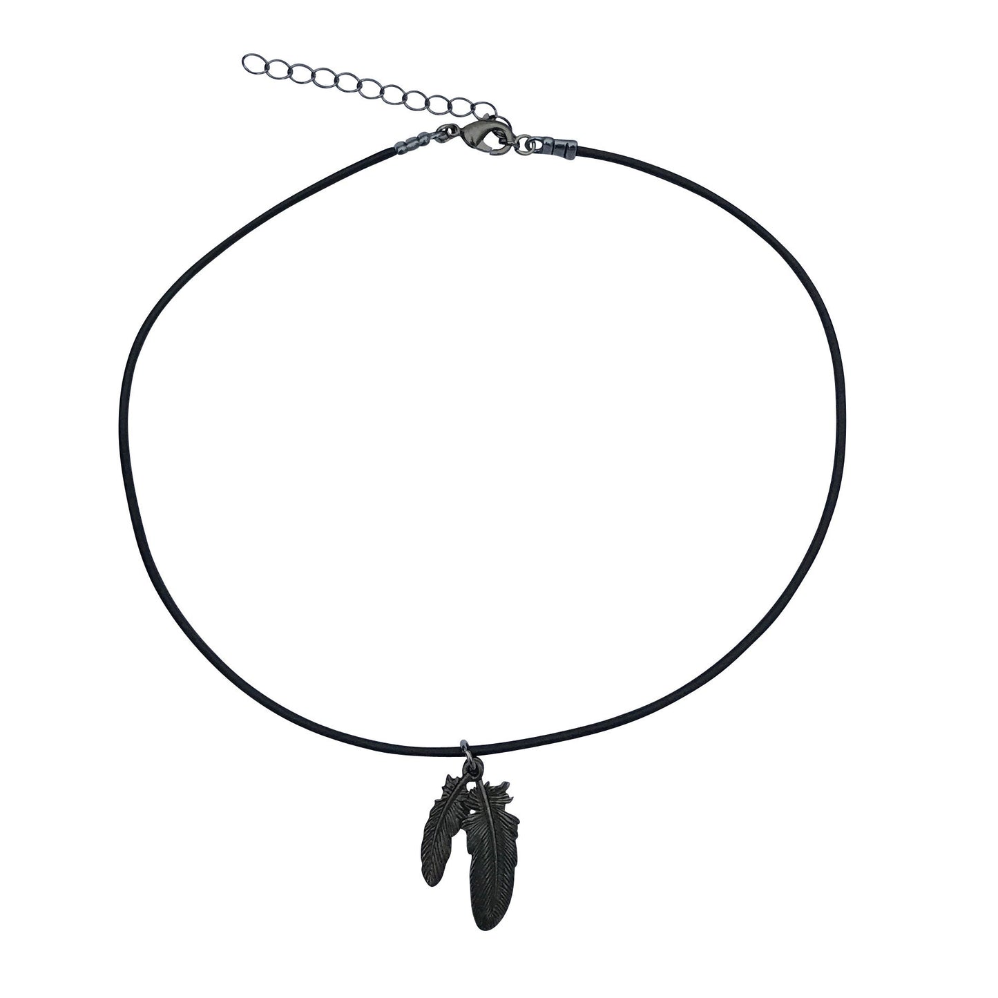 Dragonweave Raven Feather Charm Necklace and Earring Set, Gunmetal Black Leather Choker and Leverback Earrings