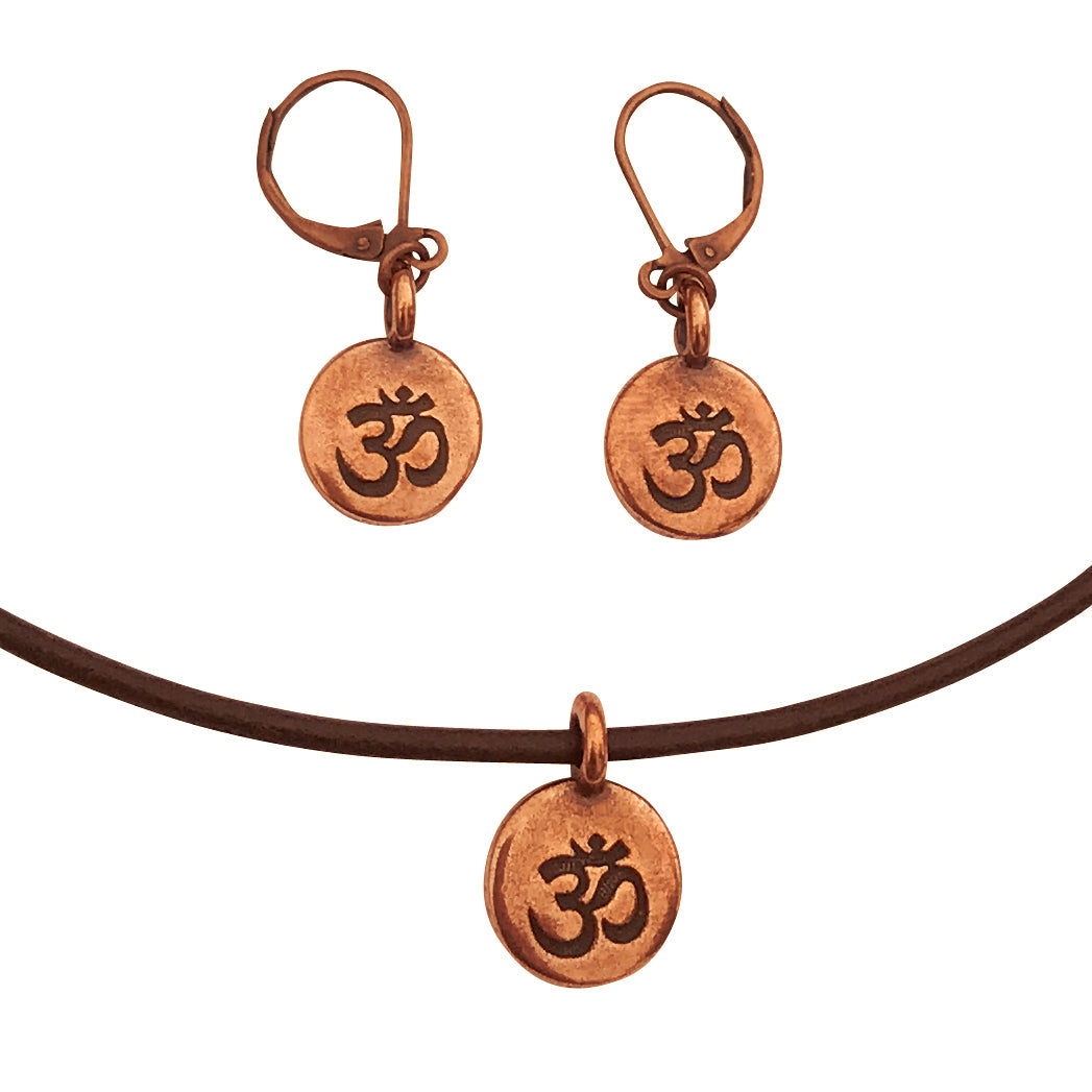 Dragonweave Om/ohm Symbol Circle Charm Necklace and Earring Set, Antique Copper Brown Leather Choker and Leverback Earrings