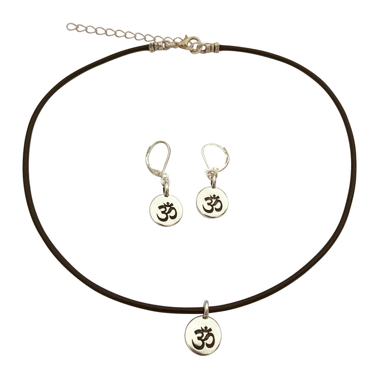 Dragonweave Om/ohm Symbol Circle Charm Necklace and Earring Set, Silver Plated Black Leather Choker and Leverback Earrings