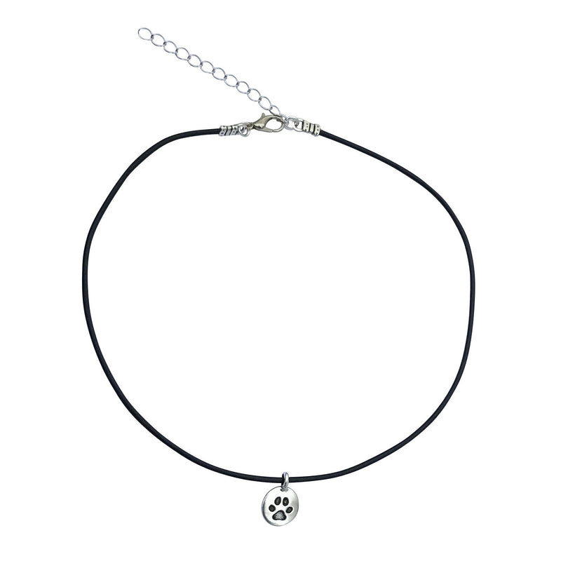 Dragonweave Paw Circle Charm Necklace and Earring Set, Silver Plated Black Leather Choker and Leverback Earrings