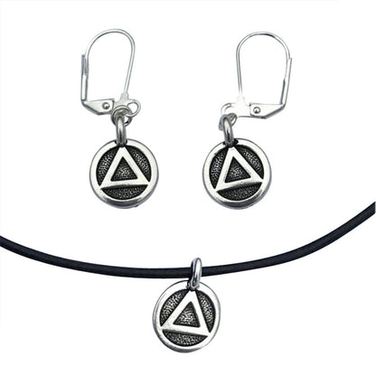 Dragonweave Recovery Triangle Circle Charm Necklace and Earring Set, Silver Plated Black Leather Choker and Leverback Earrings