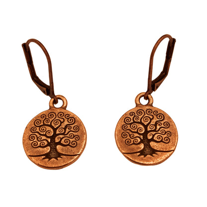 Dragonweave Tree Circle Charm Necklace and Earring Set, Antique Copper Brown Leather Choker and Leverback Earrings