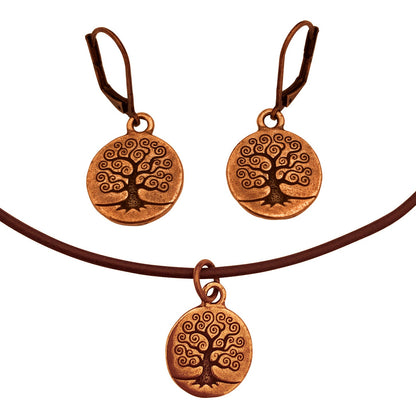 Dragonweave Tree Circle Charm Necklace and Earring Set, Antique Copper Brown Leather Choker and Leverback Earrings
