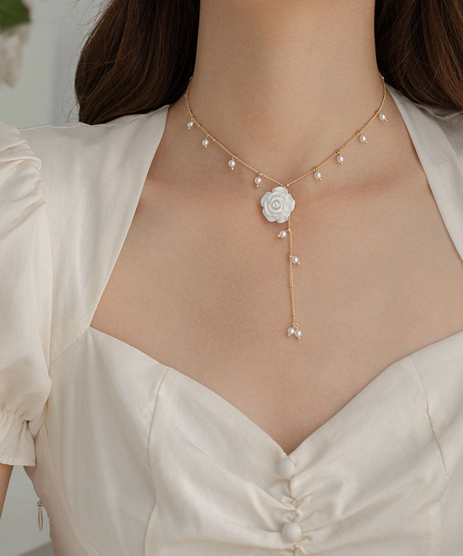 Gold Alloy Pearl Tassel Lariat Necklace