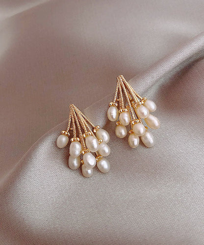 Gold Alloy Pearl Grape Tassel Drop Earrings