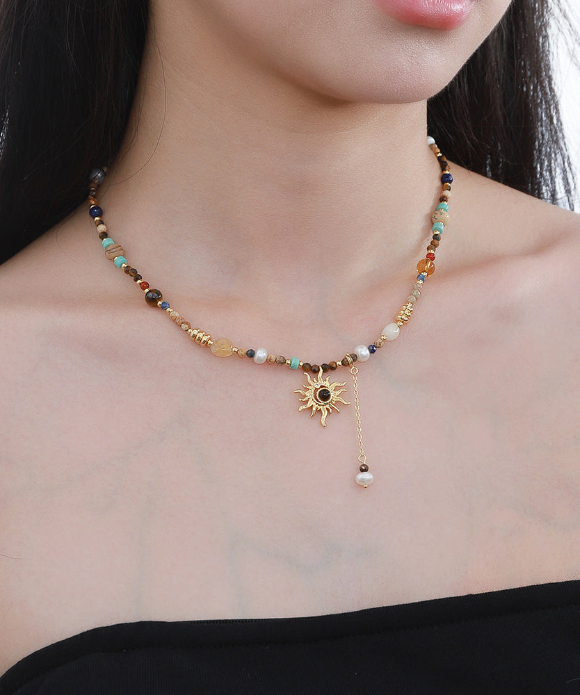 Gold Copper Allopy Pearl Agate Tiger's Eye Stone Pendant Necklace