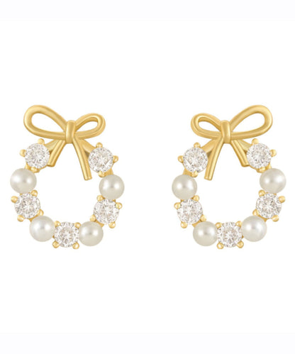 Gold Copper Alloy Zircon Pearl Bow Hoop Earrings