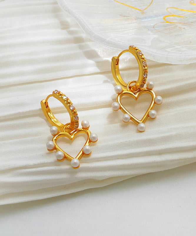 Gold Copper Overgild Inlaid Zircon Pearl Heart Hoop Earrings