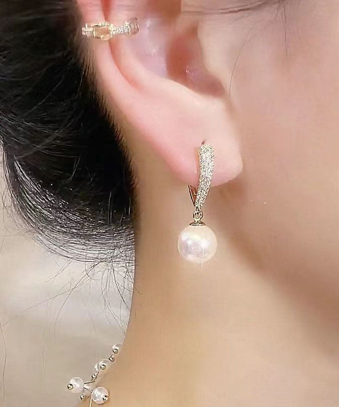 Gold Sterling Silver Alloy Inlaid Zircon Love Pearl Hoop Earrings