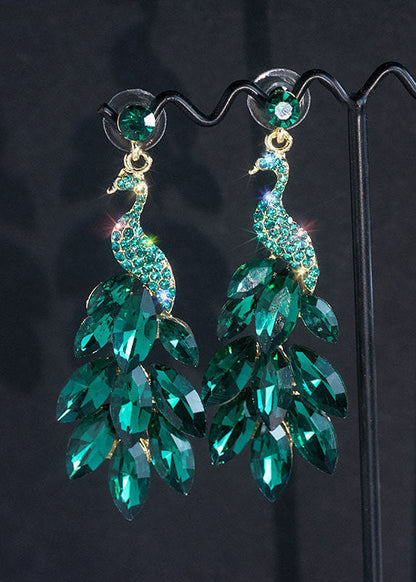 Green Crystal Peacock Flaunting Its Tail Drop Earrings