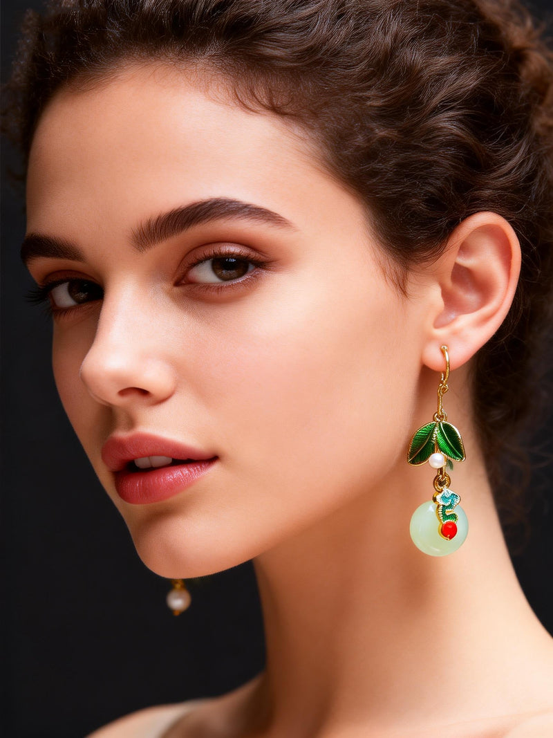 Green Leaf Metal Fine Circular Jade Drop Earrings