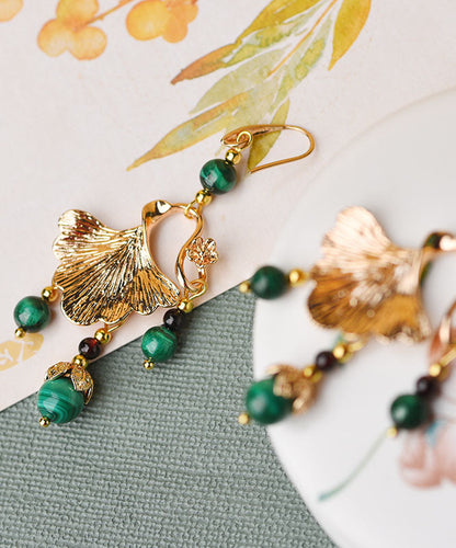 Green Malachite Ginkgo Leaf 14k Gold Drop Earrings