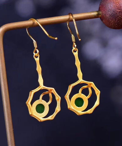 Green Sterling Silver Overgild Jade Gourd Drop Earrings