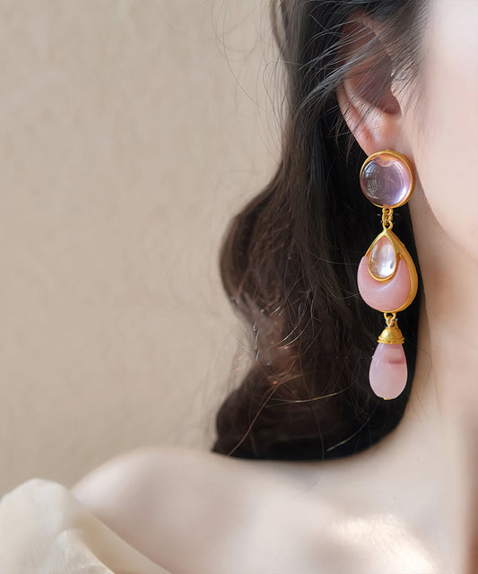 Pink Sterling Silver Overgild Crystal Coloured Glaze Water Drop Drop Earrings Gh1069