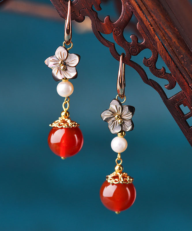 Red Agate Pearl Shell Flower Silver Drop Earrings