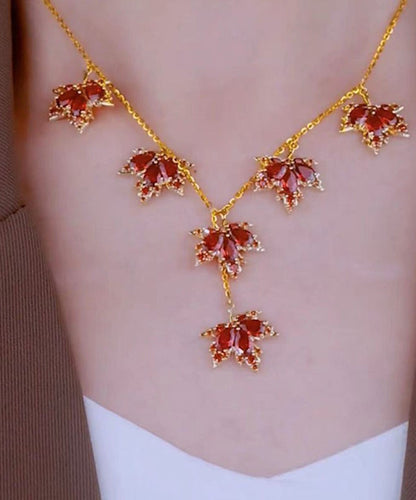 Red Copper Alloy Crystal Maple Leaves Pendant Necklace