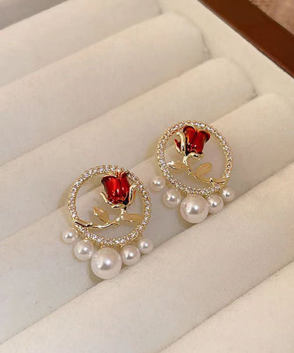 Red Copper Zircon Pearl Rose Stud Earrings Kx1019