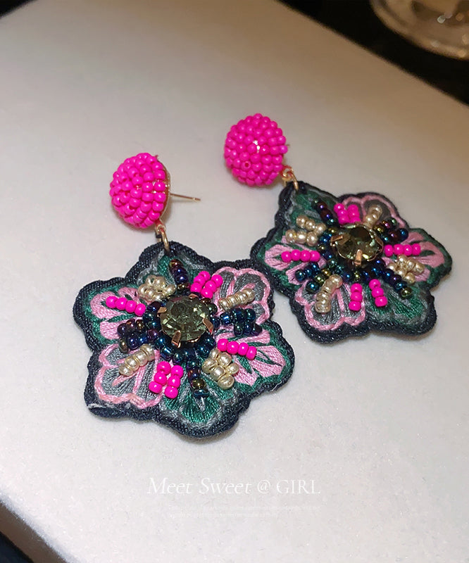 Rose Hand Woven Alloy Beads Embroidery Drop Earrings