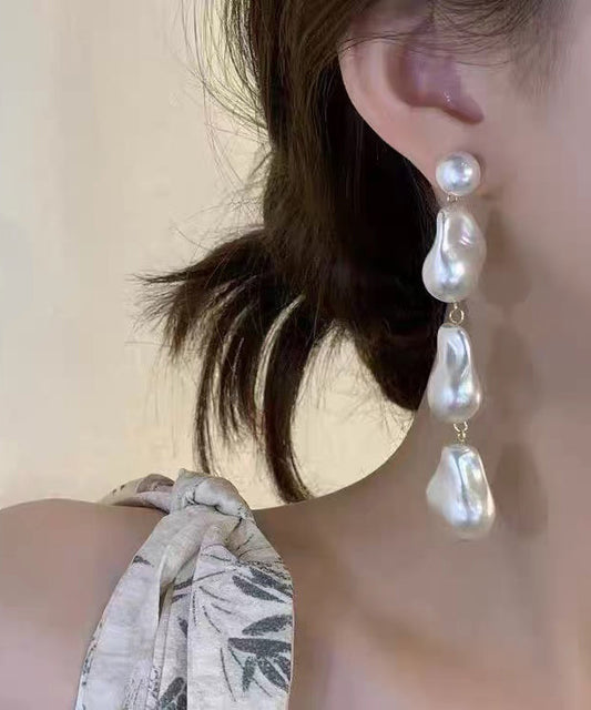 White Alloy Pearl Tassel Drop Earrings