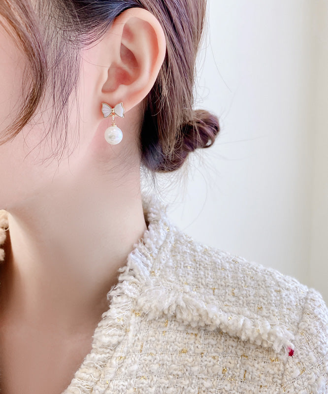 White Copper Alloy Bow Shell Pearl Drop Earrings