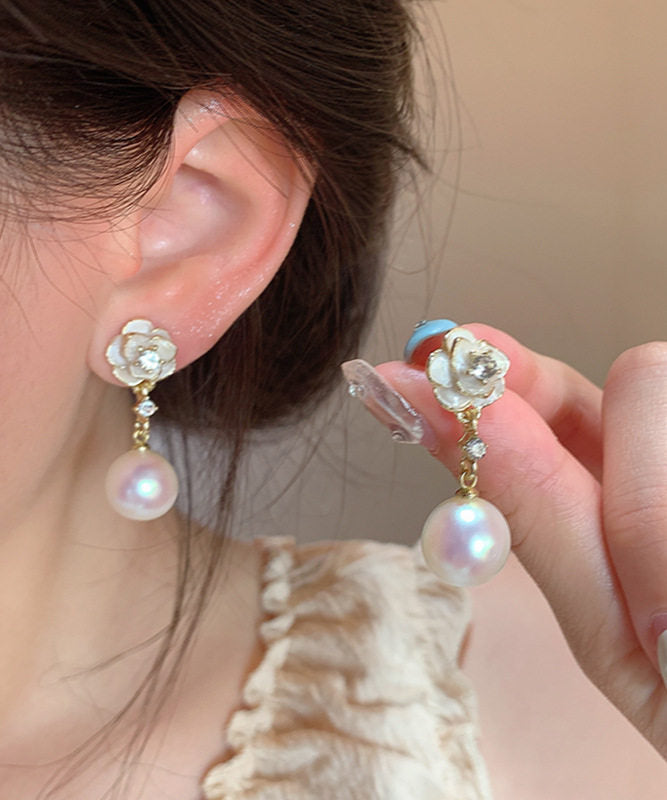 White Copper Alloy Pearl Camellia Drop Earrings