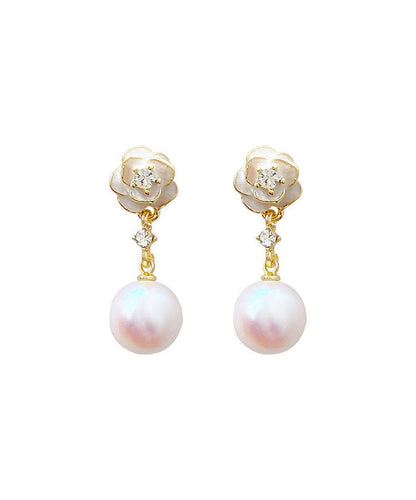 White Copper Alloy Pearl Camellia Drop Earrings