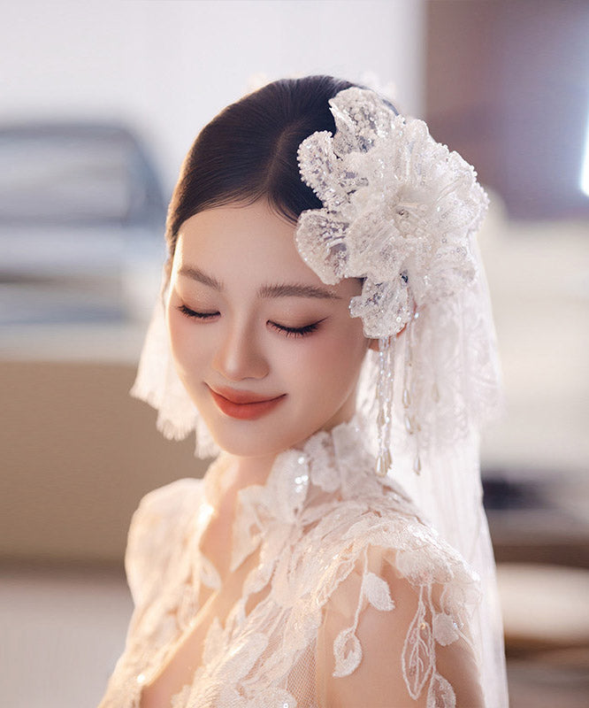 White Lace Double-layer Sequins Tassel Single Hairpin