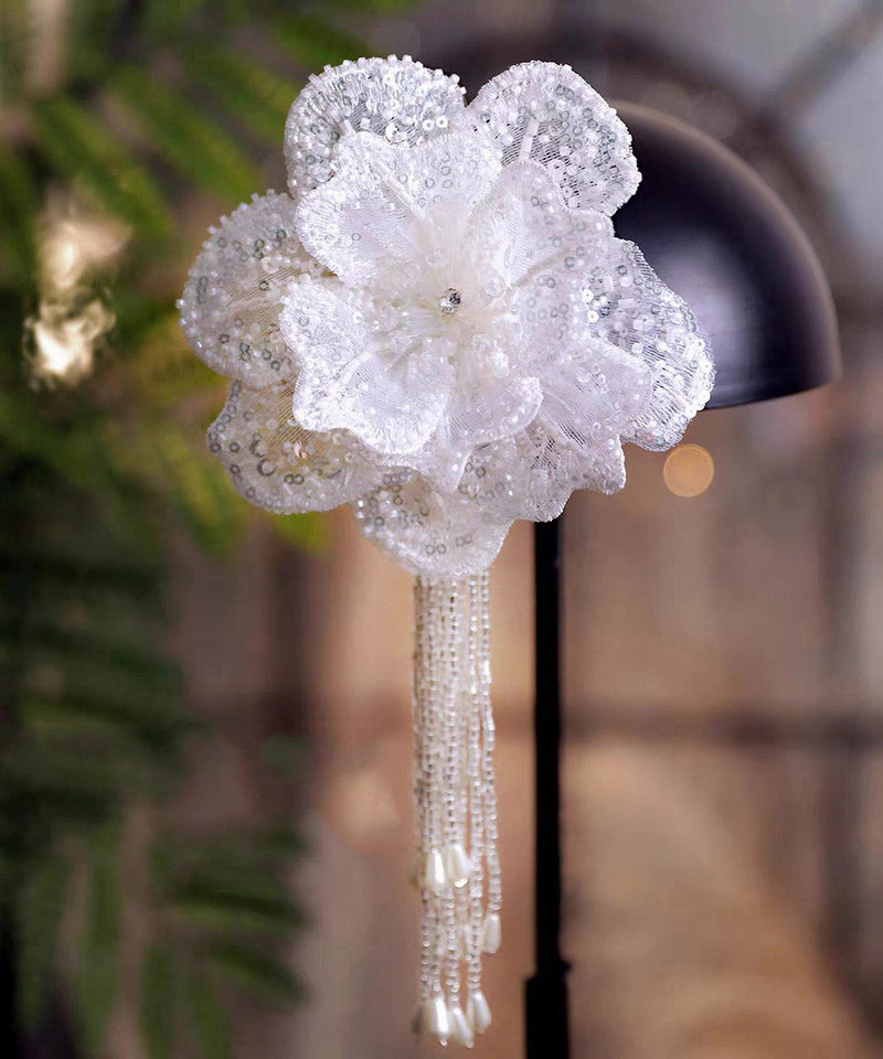 White Lace Double-layer Sequins Tassel Single Hairpin