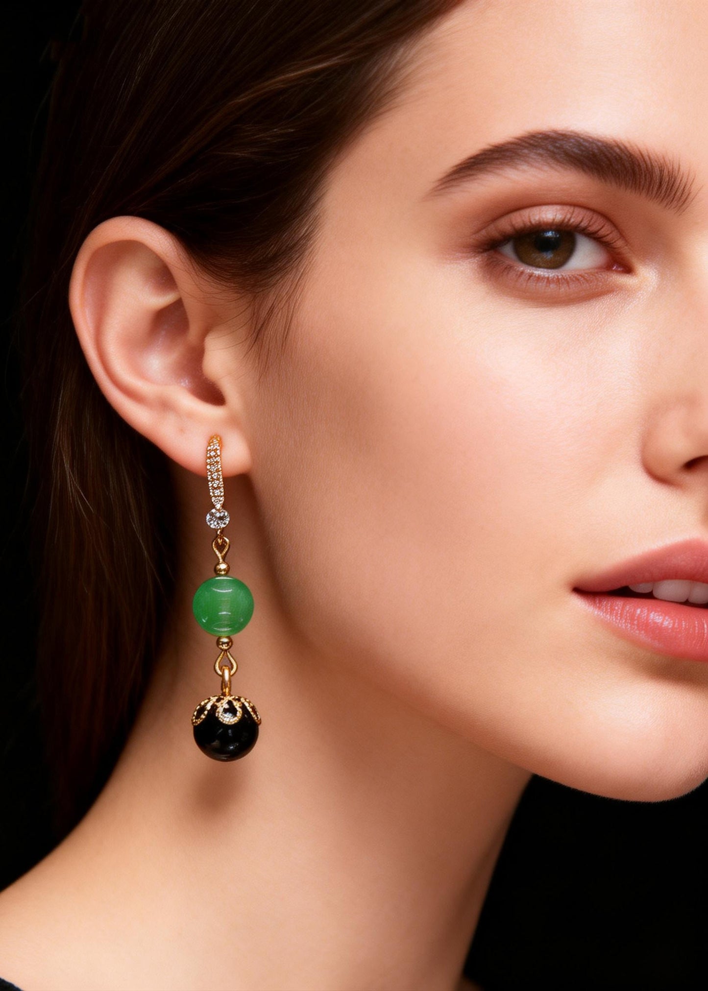 Black Agate Tassels Jade Drop Earrings