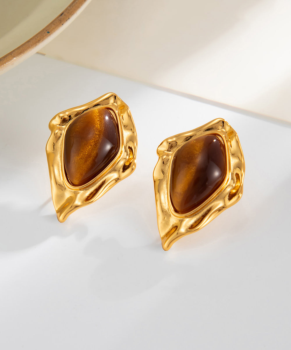Brown Copper Asymmetrical Wrinkled Gem Stone Stud Earrings