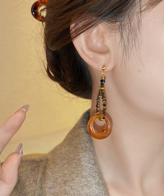 Coffee Sterling Silver Overgild Asymmetrical Beading Tassel Drop Earrings