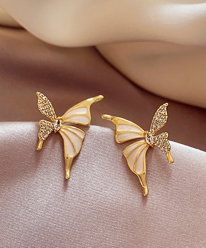 Gold Copper Alloy Zircon Butterfly Stud Earrings