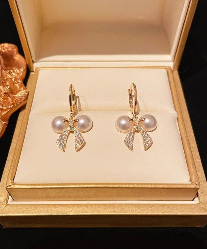 Gold Copper Alloy Zircon Patchwork Bow Pearl Hoop Earrings