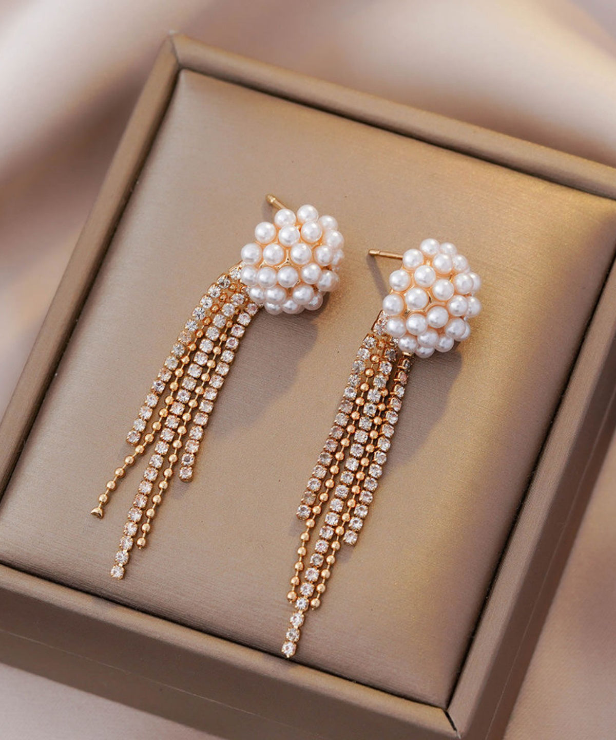 Gold Copper Alloy Zircon Pearl Tassel Drop Earrings