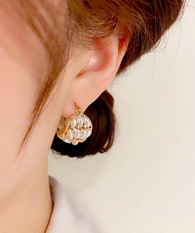 Gold Copper Zircon Pearl Flower Basket Hoop Earrings