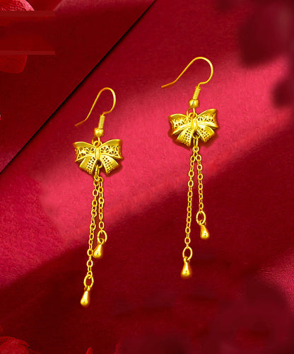 Gold Sterling Silver Overgild Bow Tassel Drop Earrings