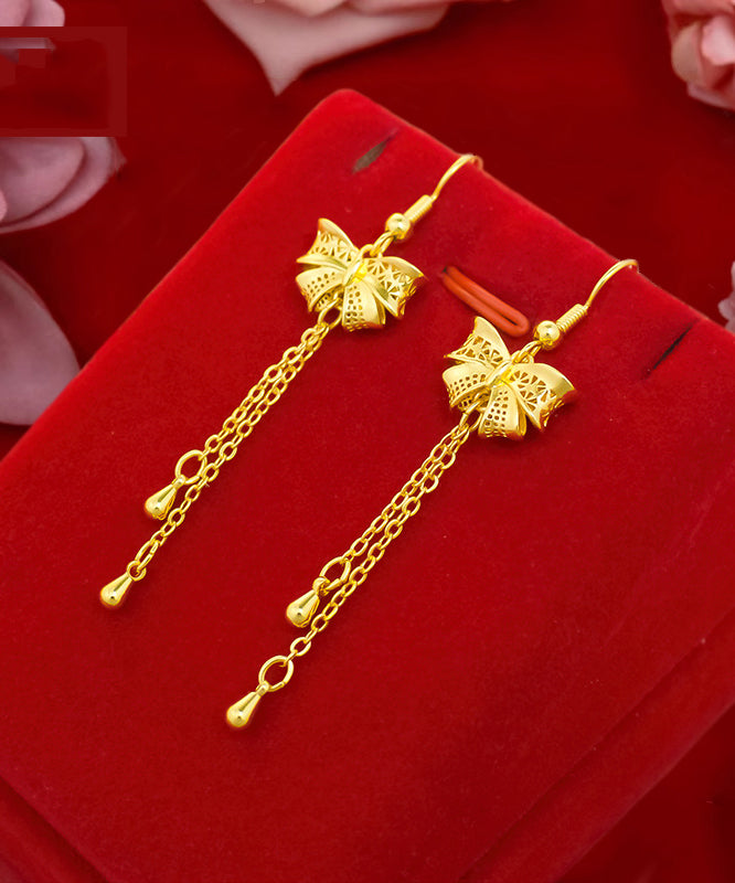 Gold Sterling Silver Overgild Bow Tassel Drop Earrings
