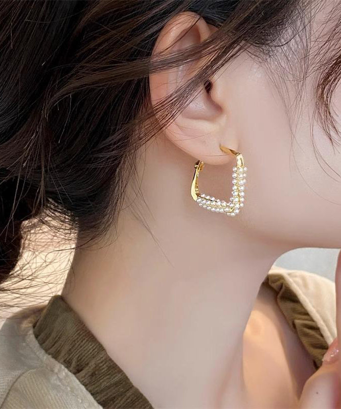 Gold Sterling Silver Overgild Inlaid Pearl Square Hoop Earrings