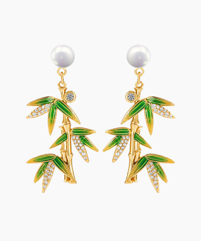 Green Overgild Zircon Pearl Bamboo Drop Earrings