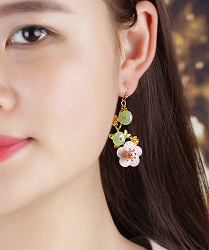 Pink Green Pearl Shell Flower Chalcedony Drop Earrings
