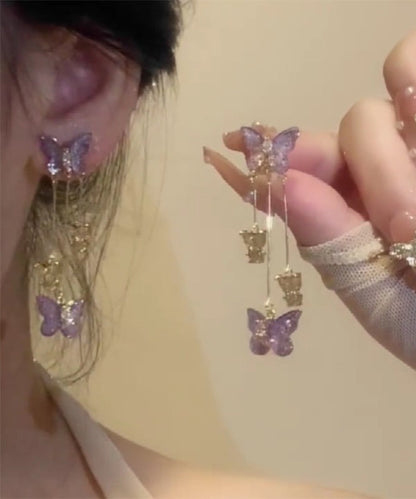 Purple Copper Alloy Zircon Crystal Butterfly Tassel Drop Earrings